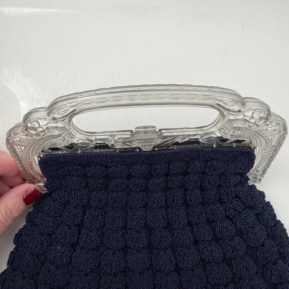 VINTAGE 30s Popcorn Crochet Navy Blue Peacock Handle Evening Bag - Picture 4 of 15